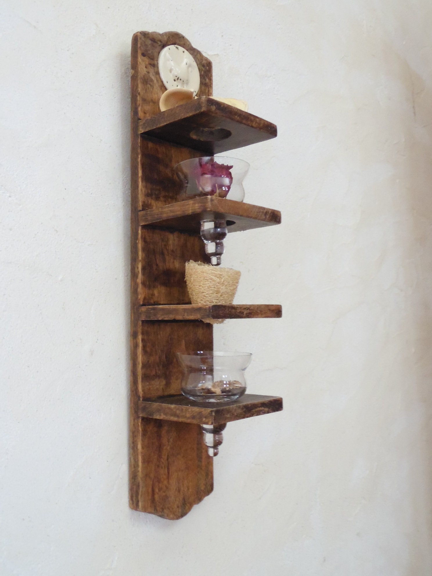 Petite Etagere Decorative, Porte Oeufs, Coquetier, Photophore, Bois de Teck, Ceramique, Deco Vintage