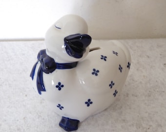 Weiß-blaues Keramik-Sparschwein, Entenform, marineblaue Blumendekoration, Kindersparschwein, Vintage 80er Jahre, Kindergeschenk, Kollektion