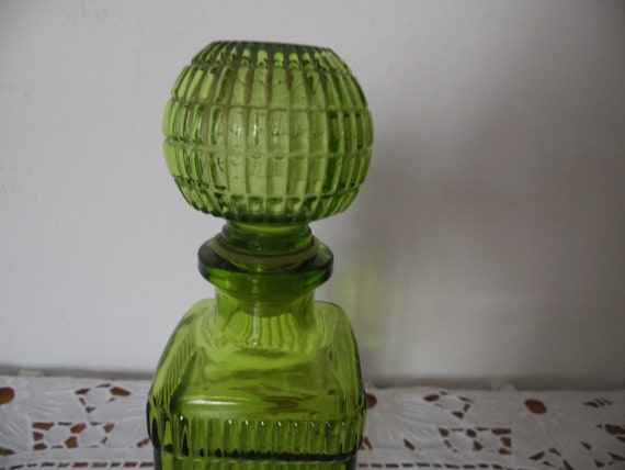 Large chiseled molded glass bottle with cap, tran… - image 6