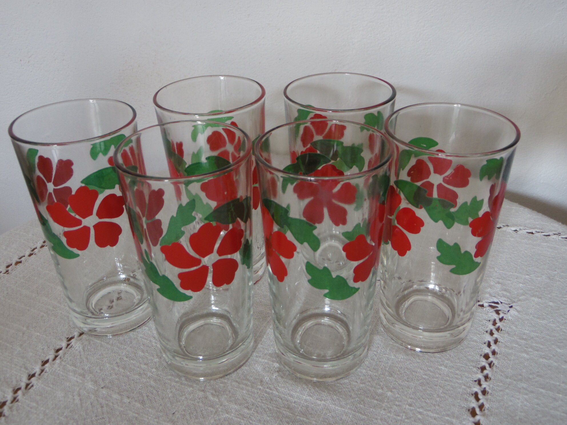 Lot de 6 Verres A Orangeade, Verre Transparent Deco Fleurs Rouge et Feuillage Vert, Vintage 80's, Ea