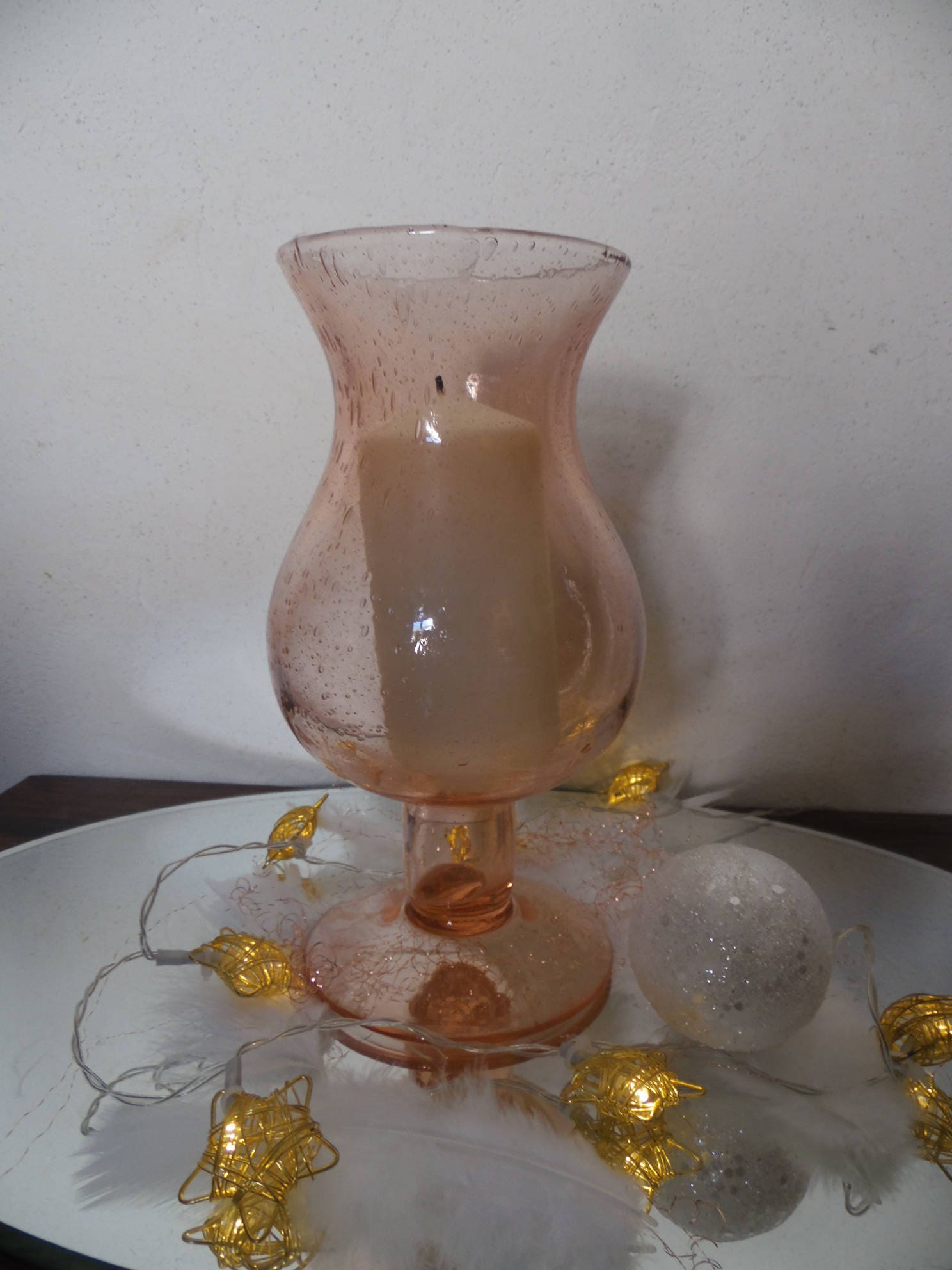 Vase sur Pied ou Photophore , Verre Transparent Bullé Couleur Rose Poudré, Blush, Touche de Douceur,