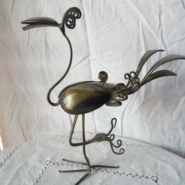 Sculpture metal oiseaux , flamant ou grue, sculpture a base de couverts recyclés, cuillères et fourchettes, deco design, deco originale, art