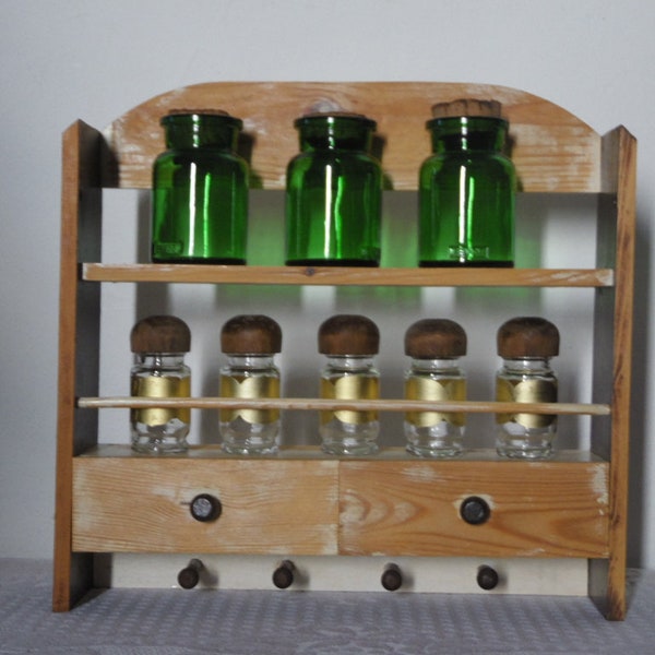 Spice shelf and its 9 spice jars, 2 drawers, hanging kitchen shelf; Wabi Sabi decor, Bohemia, vintage 60's/70's