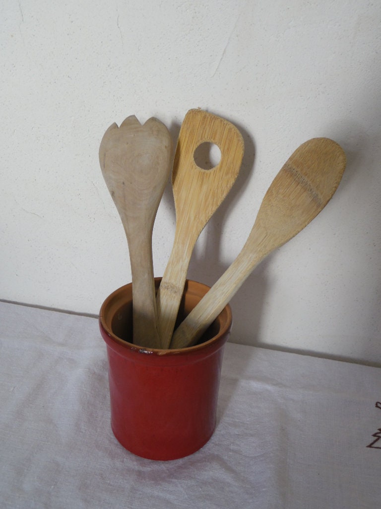 Pot Décoratif en Terre Cuite Émaillage Extérieur Rouge, Pot A Ustensile de Cuisine, Vase, Deco Hygge