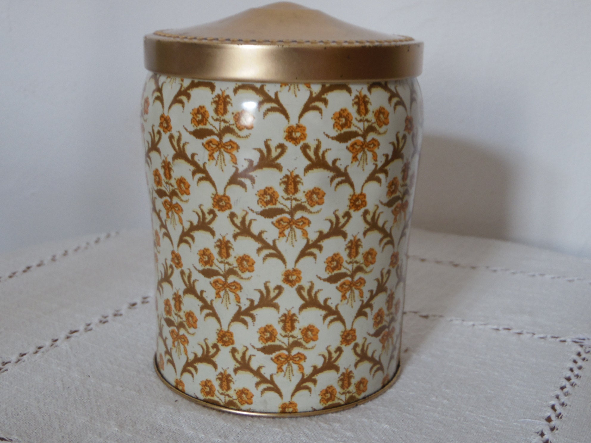 Boite en Fer Blanc Vintage, Pot A Café, Biscuits Vintage , Deco Florale, Orange Beige Doré, 70's, Bo