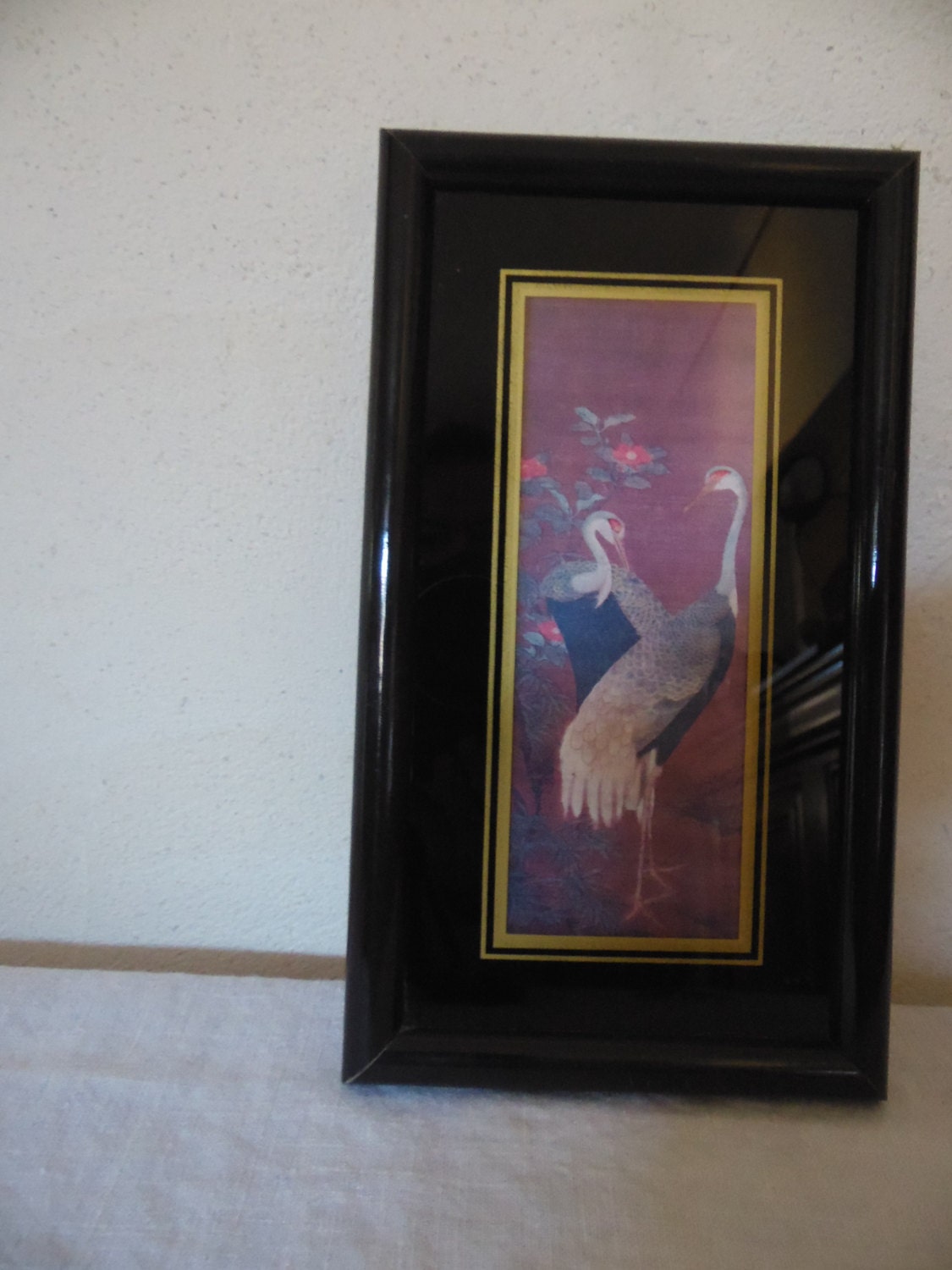 Cadre Litho Deco Couple de Grues, Oiseaux, Asiatique, Pret A Suspendre, Vintage, Symbole Longevité ,