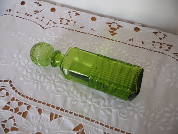 Large chiseled molded glass bottle with cap, tran… - image 3