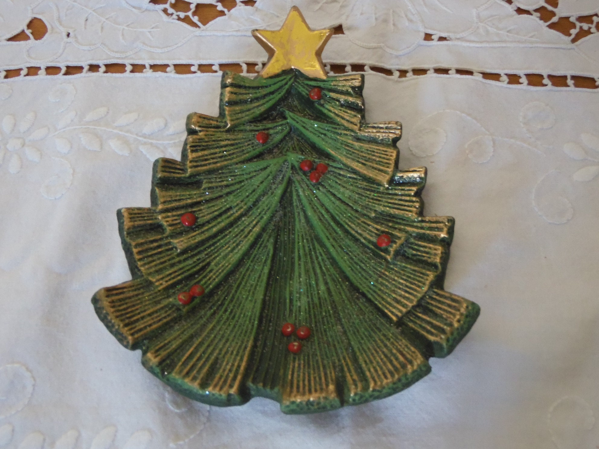 Vide Poche Forme Sapin de Noel, Ceramique, Deco Noel Decoré, Paillettes, Fetes Vide Poche, Cendrier 