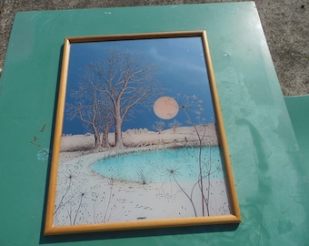 Grand miroir serigraphié paysage au bord d'un etang , marque Scandecor, vintage 80 , deco murale, deco pastel