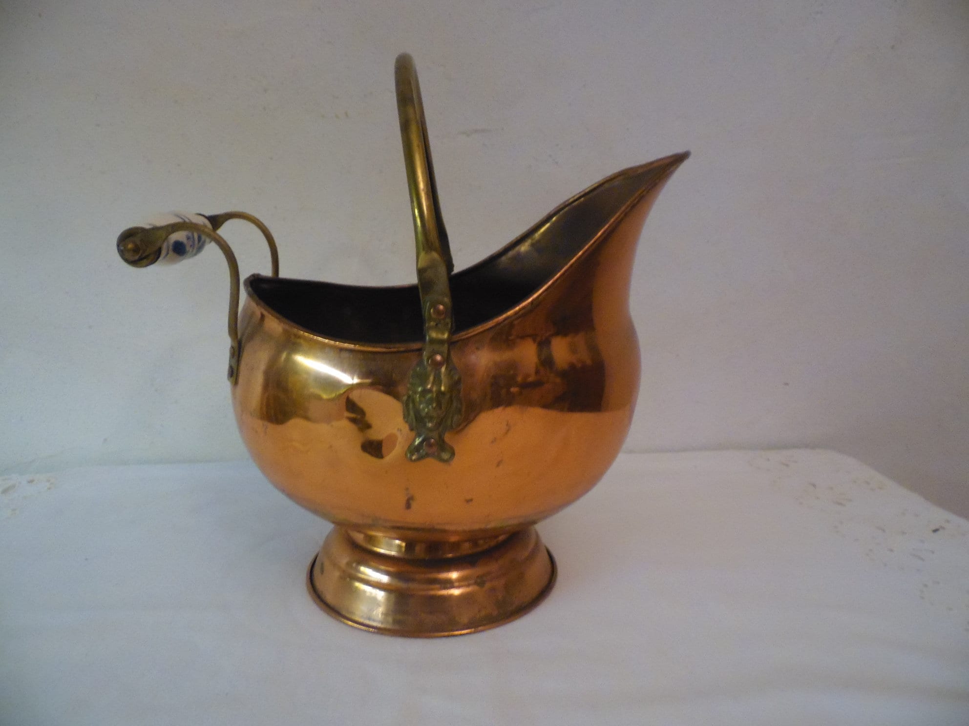 Ancien Petit Seau A Charbon en Cuivre et Laiton, Poignée Ceramique, Cache Pot Cuivre, Vintage France