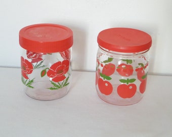 Duo de pots vintage 80's, pots en verre deco pomme et coquelicots, couvercle plastique rouge assorti, deco rouge, deco cuisine vintage