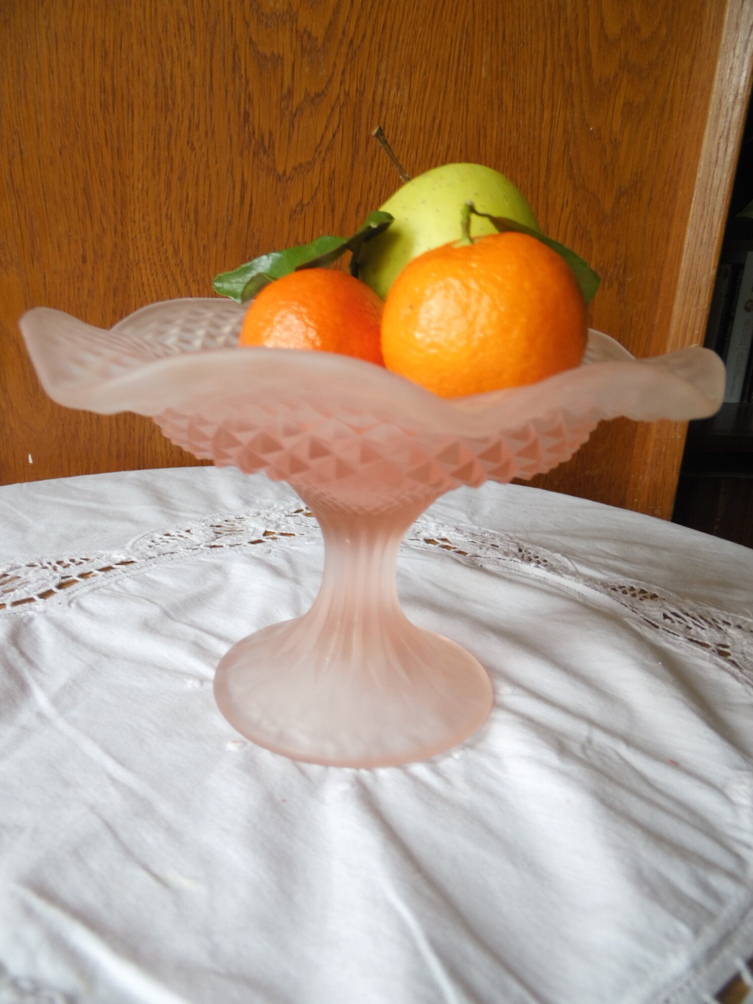 Compotier en Verre Laqué Rose Blush, Deco Pointe de Diamant sur Exterieur, Romantique, Shabby Chic, 