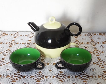 Ceramic breakfast set, vintage 60's, ceramic teapot 2 in 1, large cup and 2 small cups, black, pale yellow and green