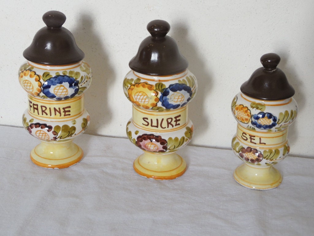Trio de Pots A Epices Vintage 70's, Ceramique Peintes La Main, Farine, Sucre et Sel, Deco Vintage, K