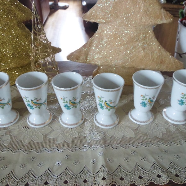 Lot de 6 mazagrans a café ou thé vintage en porcelaine blanche deco oiseau lyre , guirlande arabesque doré , vintage 80, idée cadeau