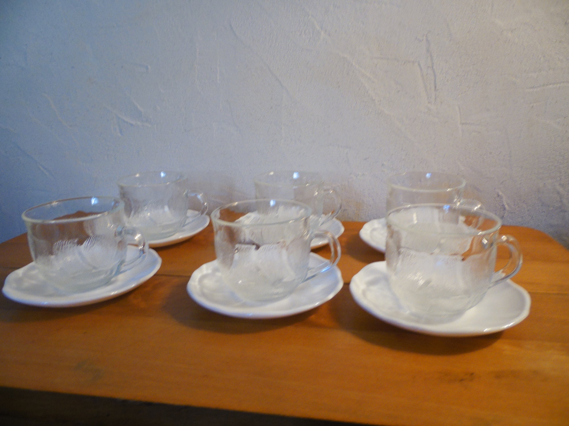 Ensemble Depareillé Tasses Transparente en Verre Trempé Motif Feuillage Relief et Soucoupe Blanche, 