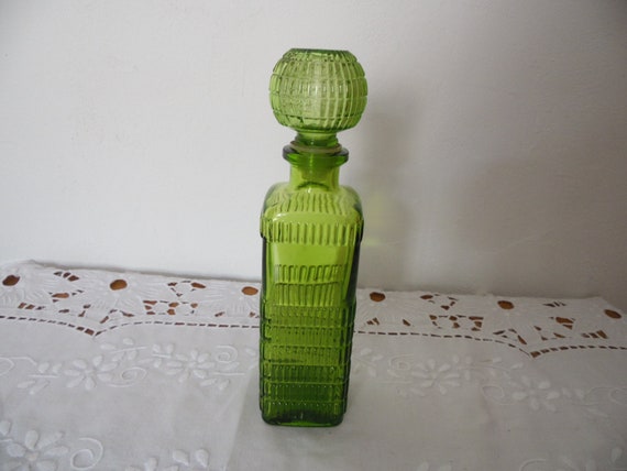 Large chiseled molded glass bottle with cap, tran… - image 7