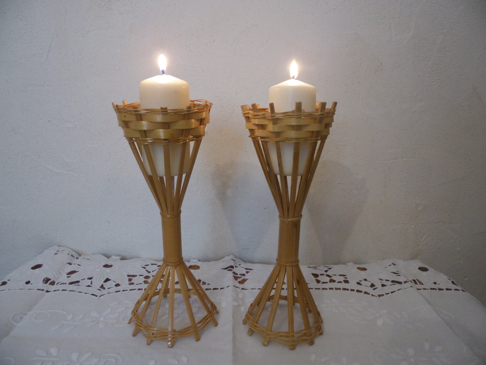 Duo de Bougeoirs en Bambou , Deco Boheme, Slow Life, Hygge, Kinfolk, Vintage 70's, Couleur Miel Natu