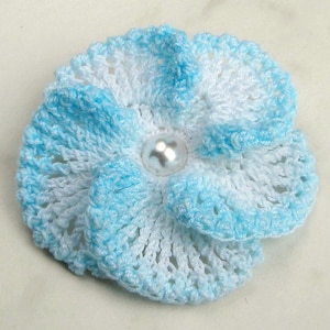 May include: A blue and white crocheted flower with a pearl-like button in the center.