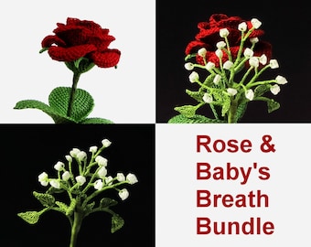 Crochet Rose & Baby's Breath PATTERN Bundle. Skill level: Experienced. Flower Tutorials for Bouquets, Weddings. English Language ONLY.