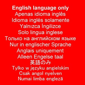 Peut inclure: Un fond rouge avec du texte blanc en plusieurs langues, indiquant "English language only".