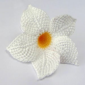 Peut inclure: Une fleur blanche en crochet avec un centre jaune. La fleur est faite de points d&eacute;licats et complexes et a une apparence d&eacute;licate et f&eacute;minine.