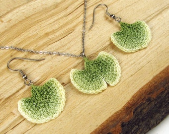 Ginkgo Leaf Necklace & Earring Set, Hand Dyed Crochet Nature Jewelry with Stainless Steel Findings