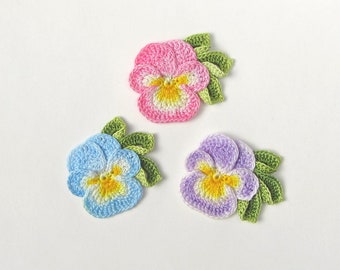 Crochet Pansy Applique, Hand Dyed Flower Embellishment, Ready to Ship! Choice of Colors, Sold Individually
