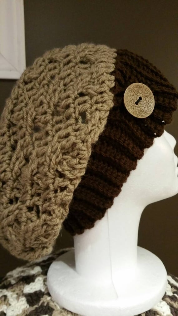 Brown and Taupe Slouchy Beanie, Hat, Toque, Woman's, Crocheted Hat, Winter, Girl's Hat, Crocheted Wide Band, Slouchy Beanie with a Button