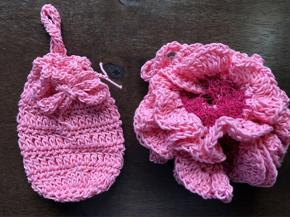 Soap Saver & Exfoliating Bath Pouf Set, Crochet Cotton Spa Set, Gift for Mom, Bridal Shower, Engagement Gift, Cotton Shower Loufah Soap Sack
