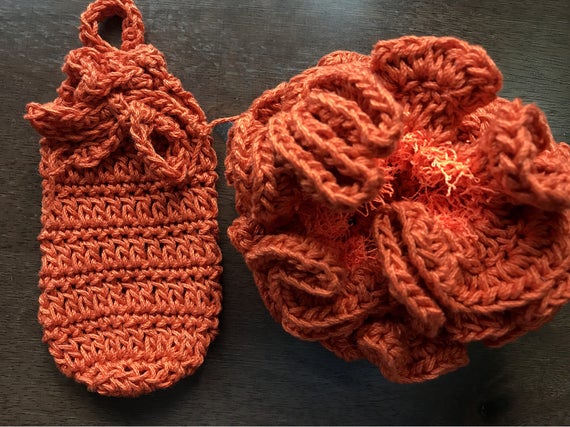 Soap Saver & Exfoliating Bath Pouf Set, Crochet Cotton Spa Set, Gift for Mom, Bridal Shower, Engagement Gift, Cotton Shower Loufah Soap Sack