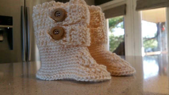 Cream Crocheted Wood Buttoned Baby Booties, Crocheted Baby Boots, Natural Wood Buttons, Buttoned Up Booties, Little Girl Buttoned Up Boots