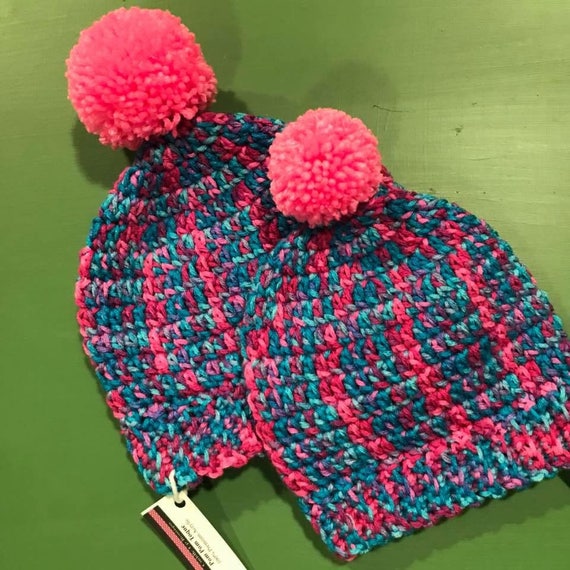 Child's Crocheted Beanie, Pom Pom Hat, Child's Toque, Girls Winter Hat, Pink Pom Pom Hat, Fun Winter Hat, Bright Crocheted Winter Hat