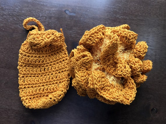 Soap Saver & Exfoliating Bath Pouf Set, Crochet Cotton Spa Set, Gift for Mom, Bridal Shower, Engagement Gift, Cotton Shower Loufah Soap Sack