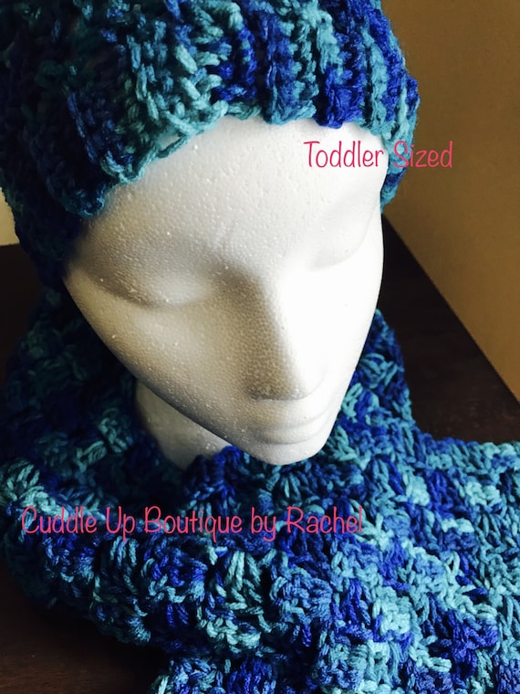 Blue Crocheted Ribbed Toddlers Beanie, Hat, Toque and Corner to Corner Toddler Scarf Set, Corcheted Gender Neutral, Little Boy, Little Girl