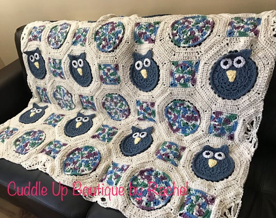 Crocheted Cotton Owl Afghan, Blanket, Throw, Couch or Chair Lap Afghan, Gift for Her, Gift for Boy, Gift for Girl, Housewarming, Baby Shower