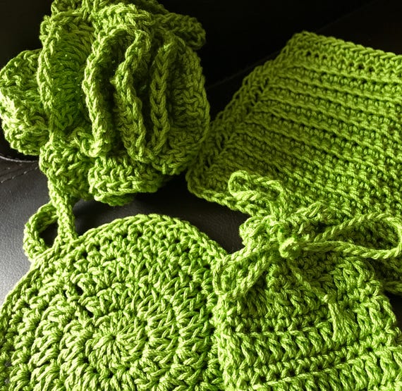 Crocheted Cotton Spa set, Bath Pouf, Loufah, Soap Saver, Round Face Pad, Washcloth, Bridal Shower, Engagement, Baby Shower, Gift for Mom