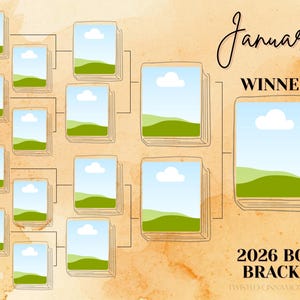 Könnte beinhalten: Digitale Illustration einer Buchhalterung für das Jahr 2026. Die Halterung zeigt buchförmige Kästen mit Landschaftsszenen. Der Text "January Winner" und "2026 Book Bracket" ist in eleganter Schrift dargestellt.