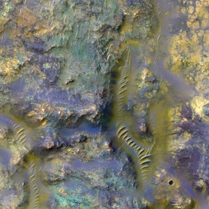 Mars:  Amazing Technicolor Ejecta Blanket, Satellite Image, Satellite Map, Space, Mars, Planet, Art Print, Space Art