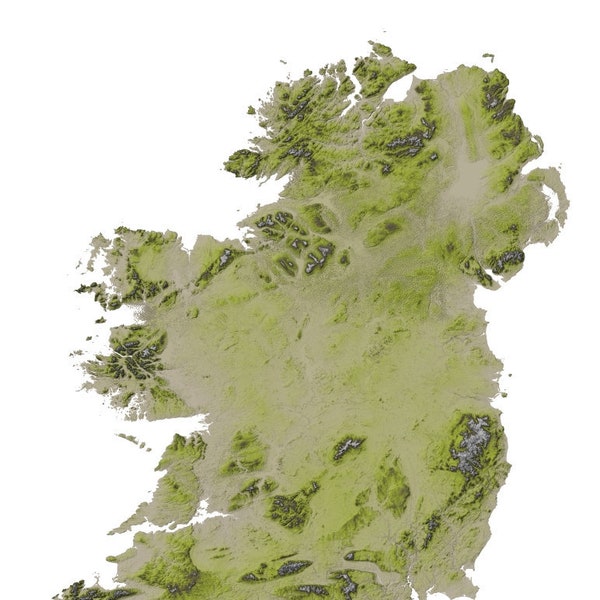 Ireland Map, Ireland Peridot Terrain Map, Ireland Topographic Map, Map Art, Peridot