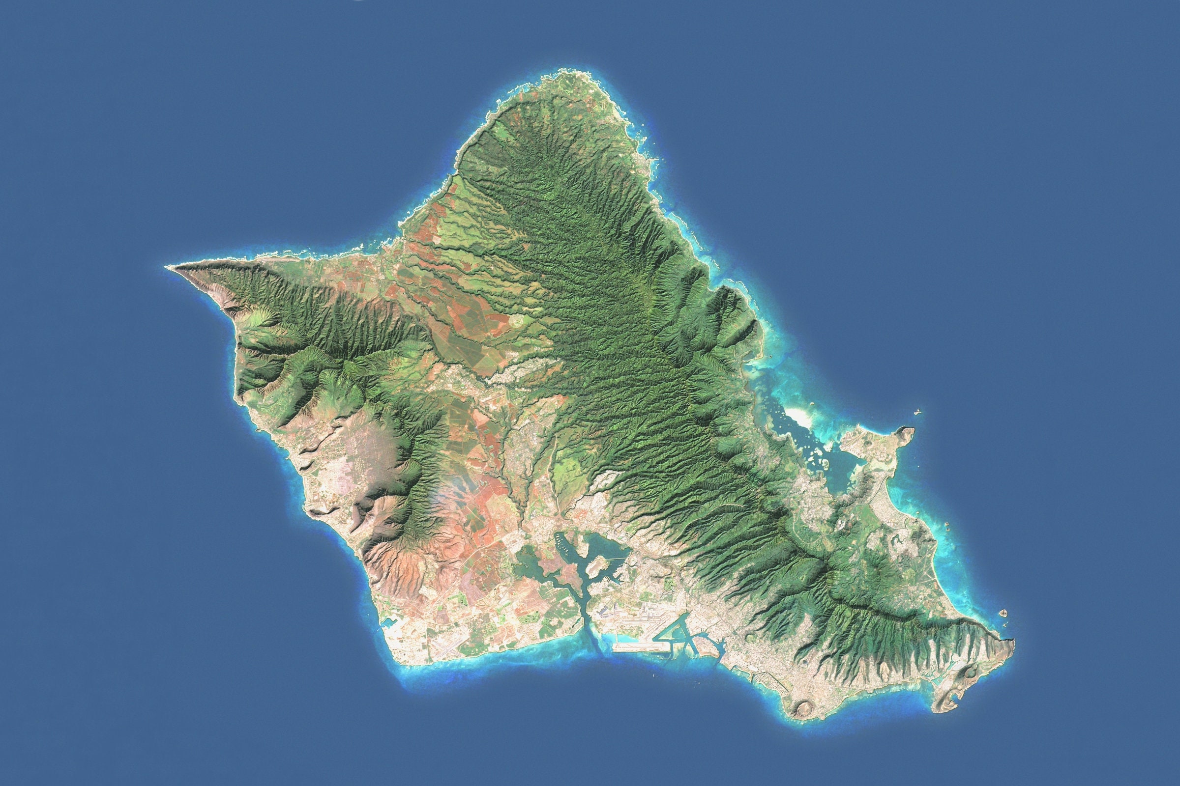 Satellite Map Of Oahu O'ahu Hybrid Satellite Image Hawaiian Islands United | Etsy Uk