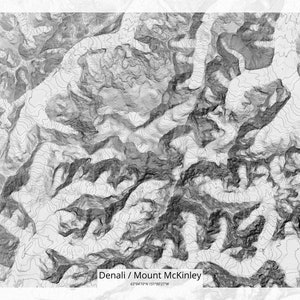 Denali (Mount McKinley) Grayscale Topographic Map, Denali Grayscale Topo Map, Denali Contour Map, Seven Summits, Map Art