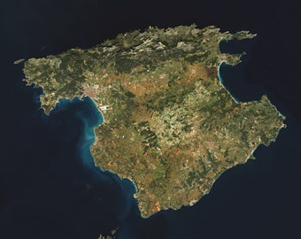 Mallorca, Majorca, Spain, Balearic Islands, Aerial Map, Map Art, Satellite Image