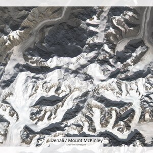 Denali (Mount McKinley) Satellite Map, Denali Map, Denali Topographic Map, Seven Summits, Map Art