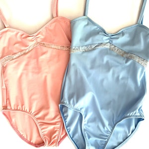 Ballet Leotard The &quot;AURORA&quot; with Spaghetti Straps and Lace-      Custom Designed Leotards - Ballet Pink or Sky Blue - Only 2 Left