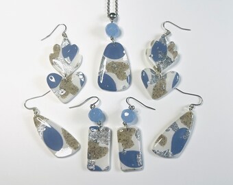 Mosaic Blue, White, & Faux Stone Polymer Clay Jewelry | Pendant | Earrings | Necklace | Cool Blue | Cold