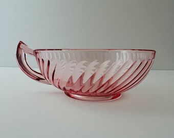 Imperial Glass Single Handled Footed Twisted Optic Pink Bowl | Depression Glass | 1930s | Pink Crystal | Elegant Glass | Powder Pink | Rose