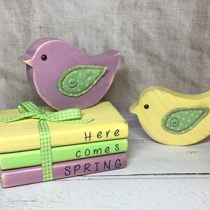May include: Two wooden bird figurines, one purple and one yellow, with green fabric wings and buttons. The birds are sitting on top of a stack of three books with the words "Here comes SPRING" written on them.