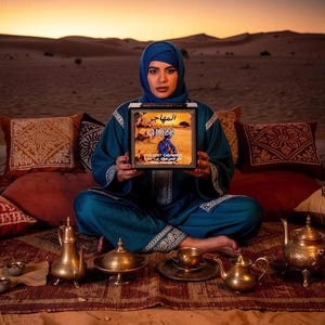 May include: A woman in a blue headscarf and robe sits cross-legged in the desert, holding a framed image. The image features Arabic text and a figure in blue. Gold teapots, cups, and a tray are arranged on a rug in front of her.
