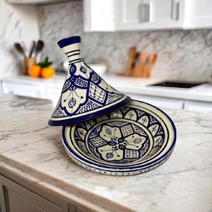 Handcrafted Moroccan Tagine Pot 9.5/8” | Blue & White Terracotta | Decorative Clay Pot with Dome Lid | Traditional North Africa